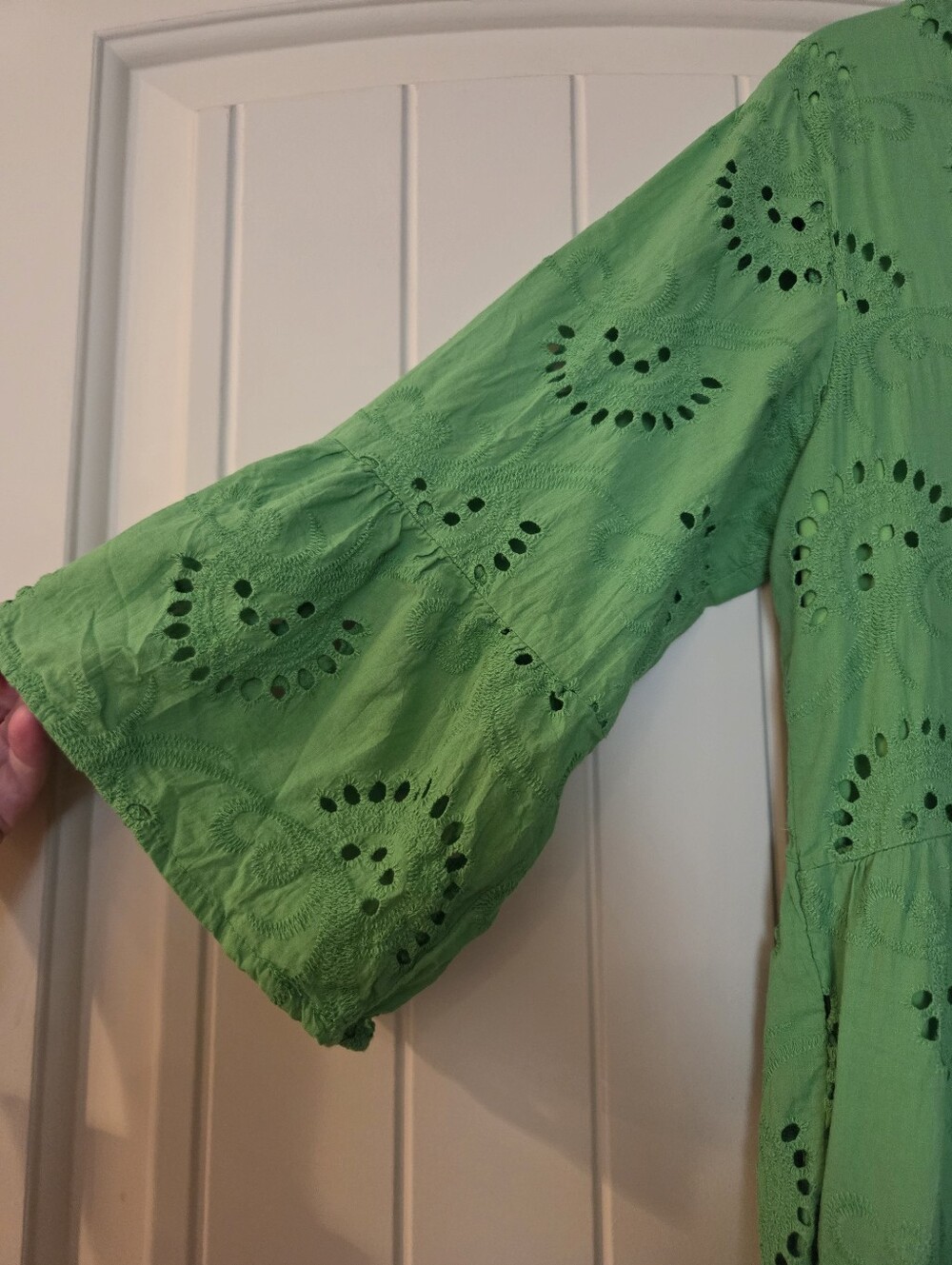 Bright Green Eyelet Maxi Dress Boho Tiered Button Front Dress - Picture 5 of 7